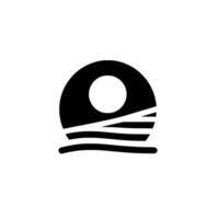 Minimalist black and white featuring a stylized sun, partial arch shape, and horizontal lines suggestive of the ocean, all against a pure white backdrop. vector