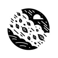 Black and white minimalist illustration of autumnal elements, featuring falling leaves, clouds, and a suggestion of a cloudy sky, set within a circular frame. vector
