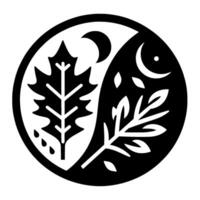 Yin Yang Harmony A stylized black and white circular composition depicting the balance of nature, featuring leaves, moon phases, and subtle detail, showcasing duality. vector