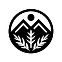 Black and White Circular Emblem Mountains, Sun, and Foliage Elements, Minimalist on White Background vector