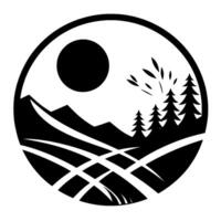 A minimalist black and white illustration within a circle, depicting a tranquil landscape with a sun, mountains, trees, and stylized fields. vector