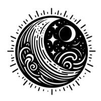 Celestial Yin Yang Artistic Circle Depicting Crescent Moon, Stars, Waves, and Sunburst Symbolism in Black and White vector