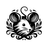 A stylized black and white illustration of a mouse, featuring intricate decorative elements like foliage, swirls, and detailed ear patterns, creating a whimsical and elegant . vector
