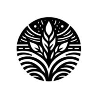 Circular Black and White Illustration Stylized Plant with Leaves, Geometric Lines, and Decorative Elements in a Minimalist . vector