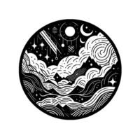 Celestial Landscape A black and white circular featuring mountains, clouds, stars, planets, sun, moon, and a comet. vector