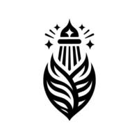 Abstract Black and White Emblem Lighthouselike structure emerging from stylized leaflike form, adorned with radiating stars. vector