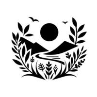 A minimalist black and white emblem featuring stylized mountains, river, sun, birds, and botanical elements, creating a harmonious landscape . vector