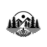 Black and white nature emblem featuring stylized mountains, pine trees, sun, and botanical elements within an arched border, evoking outdoor tranquility. vector