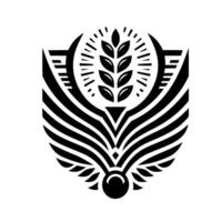 A stylized monochrome crest featuring a wheat stalk encircled by radiating lines, and stylized wings. vector