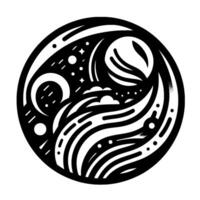 Celestial Harmony A monochrome circular illustration depicting a stylized nightscape, featuring moons, stars, clouds and flowing lines within a cosmic dance. vector