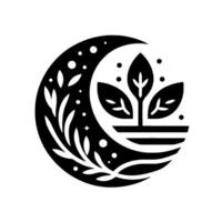 Symbolic Black and White Illustration Crescent Moon and Plant with Star, Leaves, and Dots, a minimalist vector