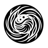Abstract black and white circular artwork featuring a swirling with a yin yanginspired motif and organic, flowing lines. vector
