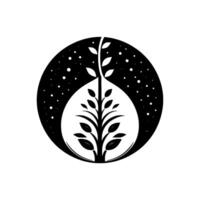 A monochrome illustration of a stylized tree growing within a teardrop, set against a speckled circular backdrop. vector