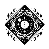 Intricate monochrome celestial illustration featuring a cosmic eye within a stylized diamond shape, adorned with stars, moons, and swirling patterns. vector