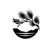 Black and White Stylized Landscape A Geometric with Tree Foliage Branching Above a Mountainous Horizon Inside a SemiCircle. vector