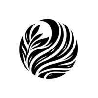 Black and white minimalist A circular composition featuring stylized leaves and curved lines creating a dynamic, organic shape. vector