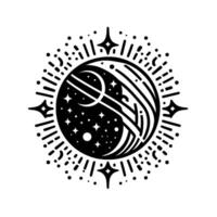 Celestial Emblem A minimalist black and white depicting a planet with crescent moons, stars, and radiating energy bursts within a circular frame. vector