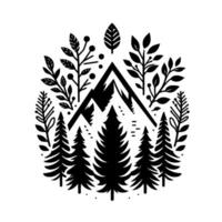 Circular Black White Composition Mountains, Trees, and Foliage, in a Geometric Wilderness Theme. vector
