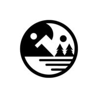 Yin Yang Nature A symmetrical, minimalist featuring a mountain, sun, trees, lake, and moon in a black and white circular composition. vector