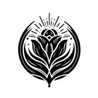 Geometric black and white floral mandalastyle with radiating sunlike elements, centered within an encompassing oval. vector