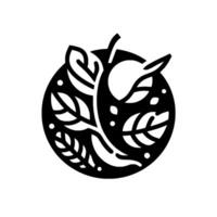 A stylized, black and white circular featuring an apple, leaves, and other organic shapes, creating a natureinspired . vector