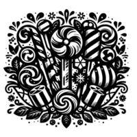Intricate Black and White Illustration of Candies, Lollipops, and Decorative Foliage in a Delightful, Art Nouveau Inspired Arrangement. vector