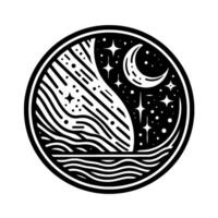 YinYang inspired circular showcasing a night sky, a crescent moon, stars, and stylized landscape with water, mountain and linear patterns. vector
