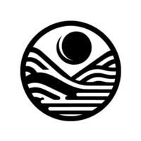 A stylized, circular black and white depicting a sun setting or rising above stylized waves and land formations within a circular border. vector
