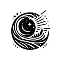 Black and white celestial featuring a stylized crescent moon, stars, sun rays, and water elements, creating a harmonious cosmic . vector