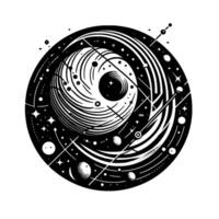 Intricate Black and White Celestial Mandala Spiraling Galaxy Encompassed in a Circular Composition with Planets and Stars, Universe Art. vector