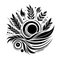 Intricate black and white botanical illustration featuring stylized leaves, spirals, and concentric circles, creating a symmetrical, elegant . vector