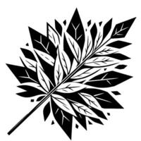 A stylized, black and white illustration of a central leaf stem radiating outward, adorned with symmetrical leaf clusters and angular geometric shapes, set against a pristine white backdrop. vector