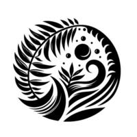 Intricate Black and White Botanical A Circular Composition of Leaves, Waves, and Bubbles in a Minimalist Style. vector