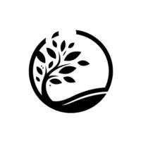A minimalist black and white of a stylized tree, with leaves, within a circle with an opening, embodying nature and growth. vector