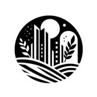 A serene minimalist black and white illustration depicting an urban cityscape merging with nature, within a circular frame, featuring stylized buildings, foliage, rolling hills, and a celestial backdr vector
