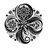 Symmetrical Black and White Floral Mandala Featuring Intricate Petal Patterns, Leafy Details, and Ornamental on a White Background. vector