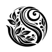 Intricate circular black and white with stylized plant elements, including leaves, swirls, and dots, creating a harmonious and balanced floral pattern. vector