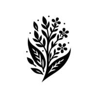 Elegant black and white minimalist floral , featuring stylized leaves, delicate flowers, and scattered dots on a white backdrop, creating a sense of serene simplicity. vector