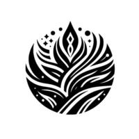Abstract floral emblem with a stylized central element and a delicate surrounding pattern, set within a circular frame, with subtle starlike accents, rendered in elegant monochrome. vector