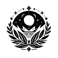 A monochromatic celestial emblem featuring a stylized night sky, moon, stars, mountain peaks, and foliage, evoking a sense of mystical serenity and balance within a circular composition. vector