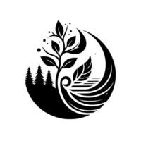 Minimalist monochromatic illustration of a tree branch with leaves emerging from a stylized landscape forest, water, and a crescent moon, enclosed in a circular composition. vector