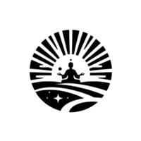 Meditating Figure with Energy Ball and Stars Emerging From Serene Landscape Inside Circular Symbol. vector