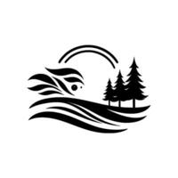 Simplified monochrome featuring stylized eye above layered landscape, arch, and silhouetted pine trees on white background. vector