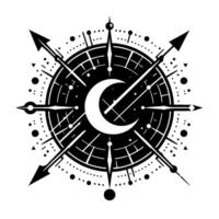 Intricate Celestial Compass A Black and White Symbolic Artwork Featuring a Crescent Moon, Arrows, and Geometric Patterns, Suggesting Guidance and Mystery. vector