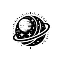 Minimalist Black and White Cosmic Illustration A planet with starfilled voids, segmented surface, and orbiting rings, surrounded by radiating dashes. vector