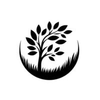 Monochrome Illustration of a Tree with Leafy Branches in a Circular Grass Enclosure, on a White Background. vector
