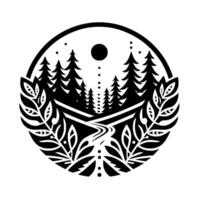 Black and white circular illustration Forest scene with trees, river, moon, and decorative leaves, in a minimalist style. vector