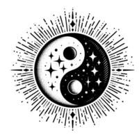Celestial Yin Yang Symbol in Black and White with Starry Embellishments, Surrounded by Burst of Cosmic Energy vector
