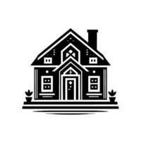 Minimalist black and white illustration of a stylized house, complete with chimney, windows, and a welcoming front door, flanked by potted plants. vector