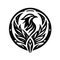Monochromatic, Circular Phoenix Intricate Black and White Depicting the Mythical Bird Within a Detailed, Stylized Frame. vector